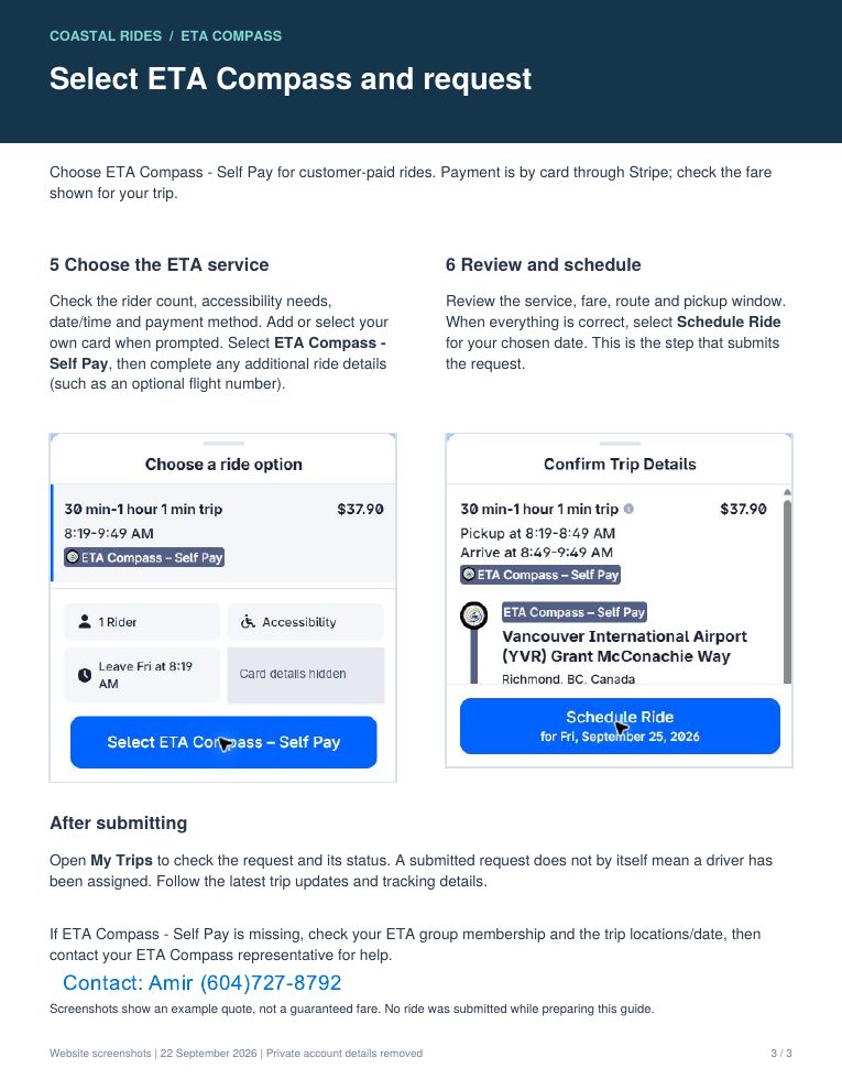 Rider Guide page 3: select ETA Compass and request